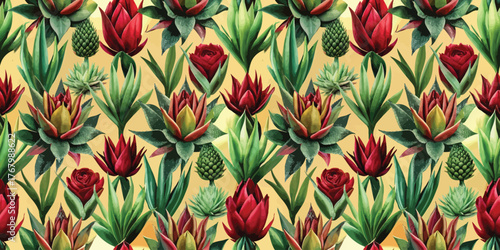 Vibrant floral pattern featuring red roses and lush green leaves on a bright yellow background.