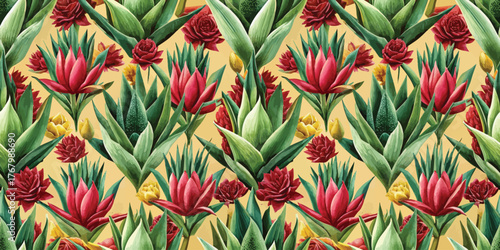 Vibrant floral pattern featuring red and yellow flowers against a warm yellow background.
