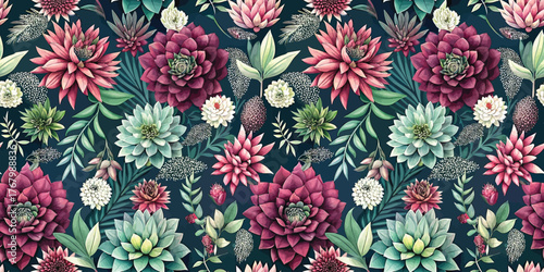 Vibrant floral pattern featuring assorted succulents and flowers in rich colors on a dark background.