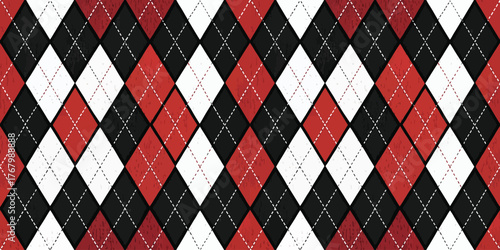 Vibrant red, black, and white diamond pattern creating a striking geometric design.