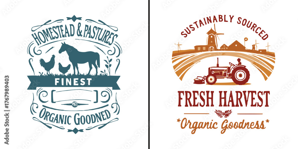 Obraz premium Homestead and pastures organic farm label set with horse chicken tractor and windmill for fresh harvest natural produce branding