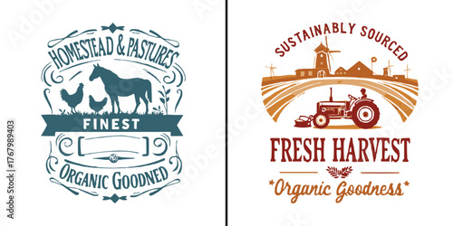 Homestead and pastures organic farm label set with horse chicken tractor and windmill for fresh harvest natural produce branding