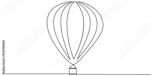 Hot Air Balloon in one continuous line drawing, Minimalist black linear design isolated on white background, concept in simple linear style. Editable stroke. Doodle vector illustration.