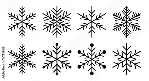 Delicate Black and White Snowflake Vector Illustration Set for Winter Holiday Season and Festive Backgrounds Perfect for Christmas and New Year Designs