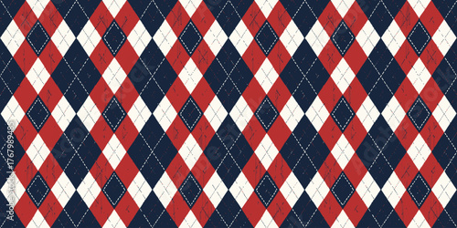 A vibrant argyle pattern in red, white, and navy colors with a textured finish.