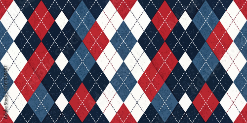 Classic argyle pattern in red, white, and navy blue colors, perfect for stylish backgrounds.
