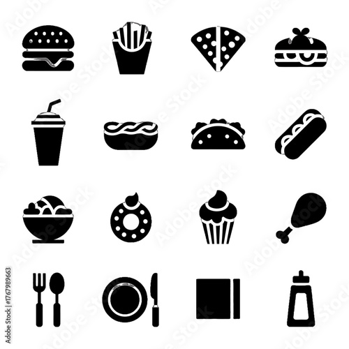 Collection of black silhouette icons representing various food items and dining utensils.
