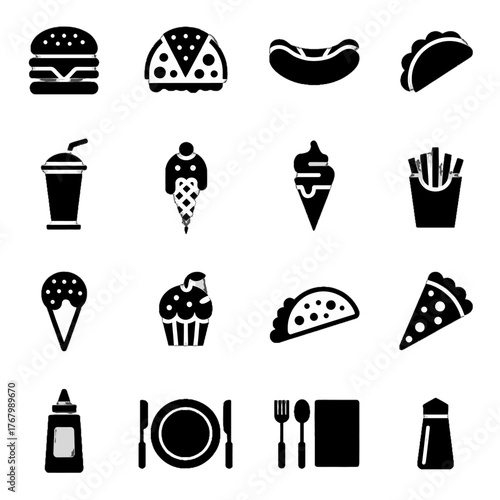 Collection of black silhouette icons representing various food items and dining-related objects