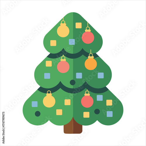 Festive Christmas Tree Illustration with Colorful Ornaments and Geometric Decorations Perfect for Holiday Greetings and Seasonal Designs Embodying Joy and Cheer