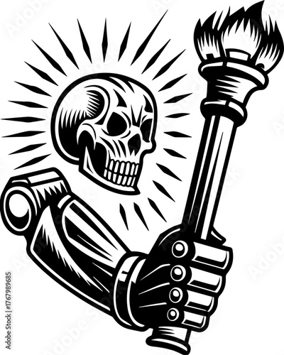 SVG tattoo of skull guardians fused with engine mechanics.  Black and White Skull with Arm Holding Torch Artwork Design