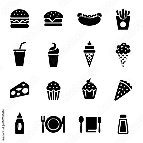 Collection of food and dining icons including burgers, fries, ice cream, pizza, and tableware in a minimalist black silhouette style.