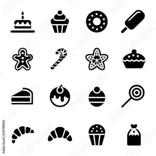Collection of black silhouette icons representing various desserts and sweets including cakes, cupcakes, donuts, ice cream, cookies, candy, and pastries.