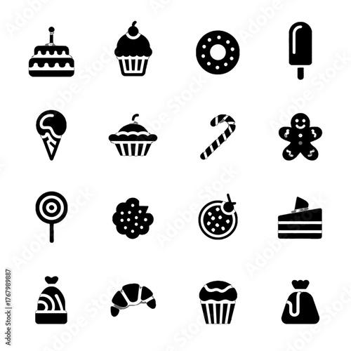 Collection of black silhouette icons representing various desserts and sweets including cakes, cupcakes, donuts, ice cream, candy, and pastries.