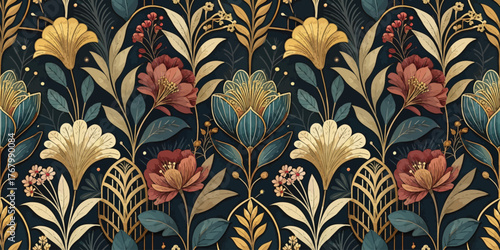 Vibrant floral pattern featuring blooms and foliage in rich colors against a dark backdrop.