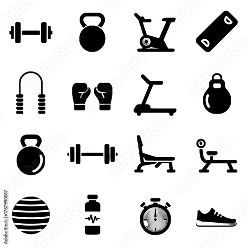 Collection of fitness and exercise equipment icons including dumbbells, kettlebells, treadmills, boxing gloves, and workout accessories.