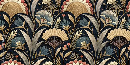 Elegant floral pattern featuring fans and leaves in soft colors on a dark background.