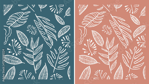 Tropical leaf pattern line art seamless background in teal and terracotta colors, hand drawn botanical foliage vector illustration