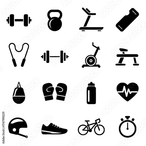Collection of fitness and exercise-related icons including weights, cardio equipment, sports gear, and health symbols