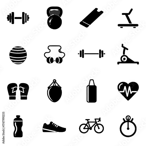Collection of fitness and exercise equipment icons including weights, kettlebells, treadmills, and sports gear