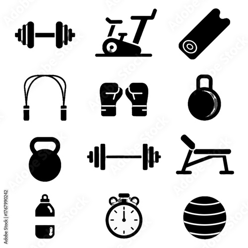 Set of fitness and workout equipment icons including dumbbells, kettlebells, exercise bike, jump rope, boxing gloves, yoga mat, bench, water bottle, stopwatch, and medicine ball.