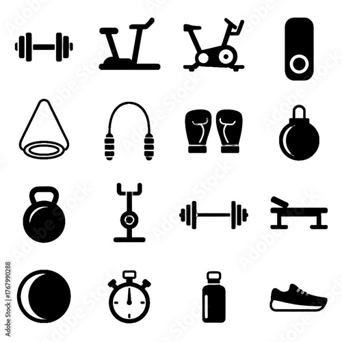 Collection of fitness and exercise equipment icons in black silhouette style