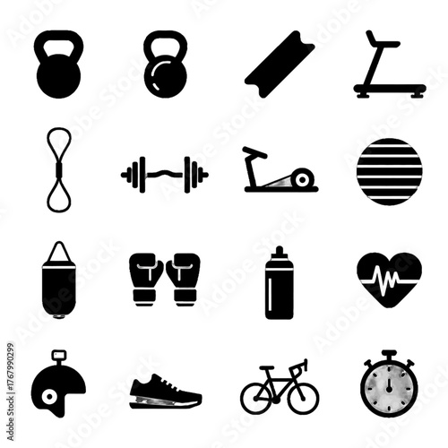Collection of fitness and exercise equipment icons including weights, cardio machines, sports gear, and health-related symbols.