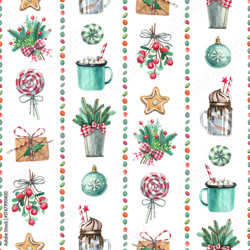 Watercolor seamless Christmas stripe pattern with mugs of cocoa, lollipops, ornaments and holly branches on white background. Hand-painted festive illustration perfect for wrapping paper, fabric print
