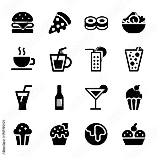 Collection of food and beverage icons including burgers, pizza, sushi, coffee, cocktails, desserts, and drinks