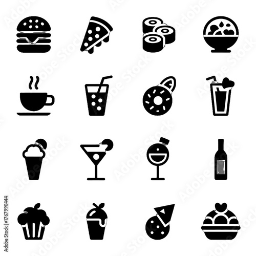 Collection of food and beverage icons including burgers, pizza, sushi, desserts, drinks, and alcohol
