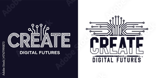 Create digital futures typography with circuit board lines technology concept modern innovation design for tech branding and education