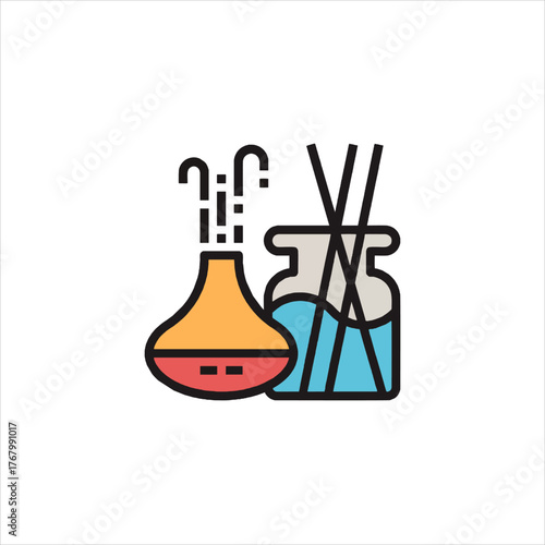 Aroma diffuser releases fragrant mist beside reed diffuser in spa setting, creating relaxing and calming atmosphere.