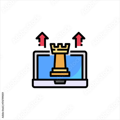 Chess rook rises from laptop screen, symbolizing strategic digital marketing growth with upward arrows in a modern, techfocused theme.