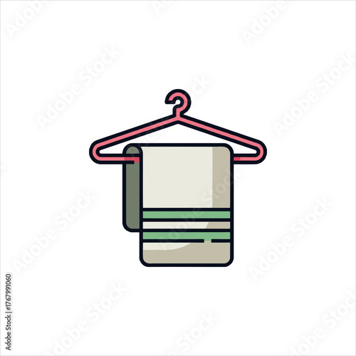 Clean towel hangs on a pink hanger in a bright bathroom, ready for use after a refreshing shower, promoting cleanliness and hygiene.