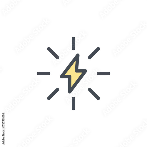 Lightning bolt emitting energy flashes representing power and electricity on clean white canvas, symbolizing innovation and technological advancement.