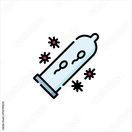 Condom protecting against sexually transmitted diseases with sperm swimming inside on white surface, promoting safe sex and health awareness.
