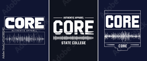 Core authentic apparel typography with modern geometric font and soundwave graphic for streetwear and college fashion design