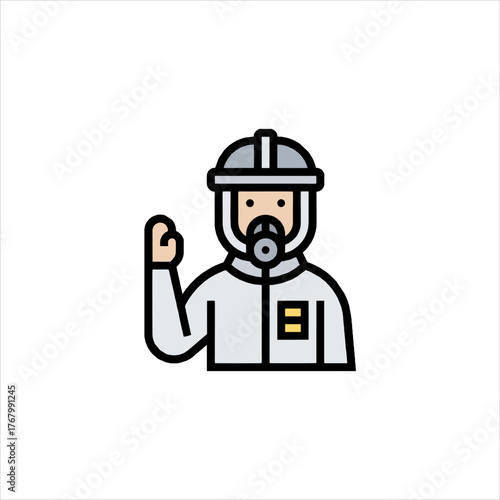 Worker in protective suit raises hand in laboratory setting, signaling safety and awareness during scientific research and experimentation.