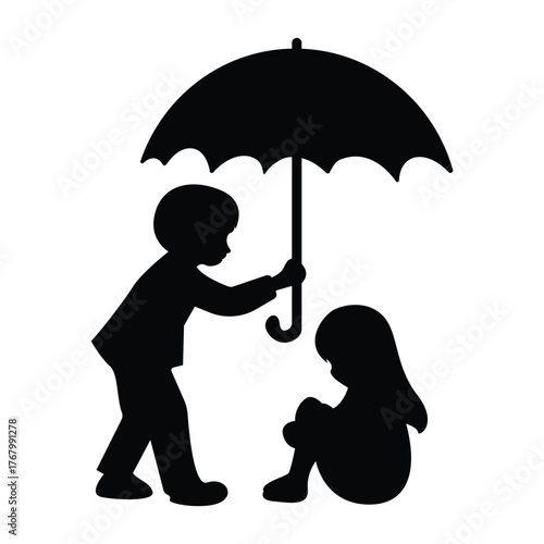 Romantic boy and girl standing under umbrella silhouette illustration. Perfect for love, rain, or Valentine themes.