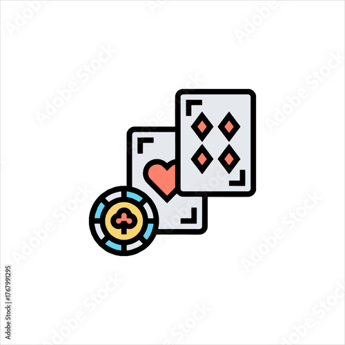 Playing cards and poker chip represent gambling and games of chance in a casino setting, conveying excitement and risk.