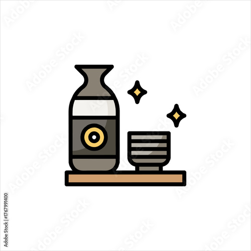 Sake bottle and cup sit on wooden shelf with sparkling lights, representing traditional japanese culture and peaceful relaxation.