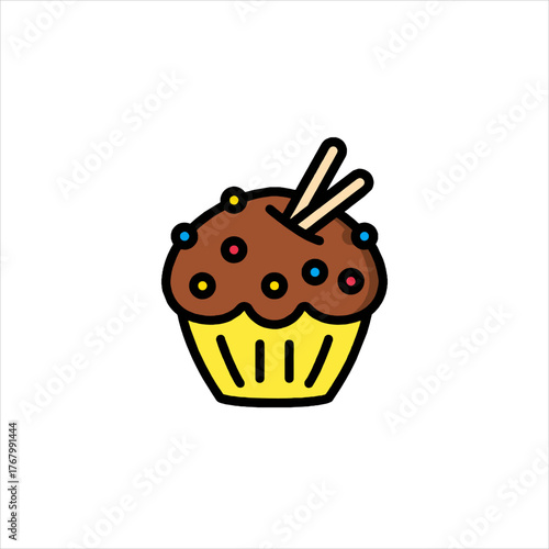 Chocolate cupcake with sprinkles and wafer sticks sitting on white surface, creating a sweet and tempting treat, perfect for dessert, celebration, or a sugary snack.