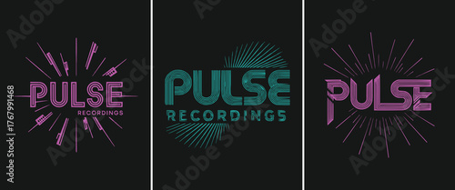 Pulse recordings neon typography with retro futuristic line art and radial burst elements for music and DJ branding design