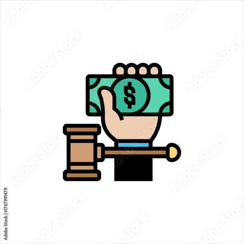 Hand holding money above a gavel symbolizes legal corruption and bribery in the justice system, creating a sense of distrust and ethical violation.