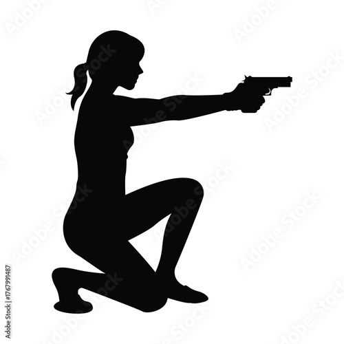 Strong woman in action pose with gun silhouette illustration for power and hero themes.
