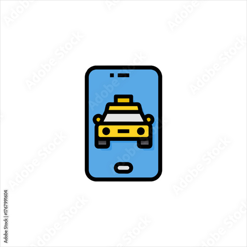Yellow taxi cab displayed on a smartphone screen, representing ridehailing service and modern transportation technology, conveying convenience and connectivity.