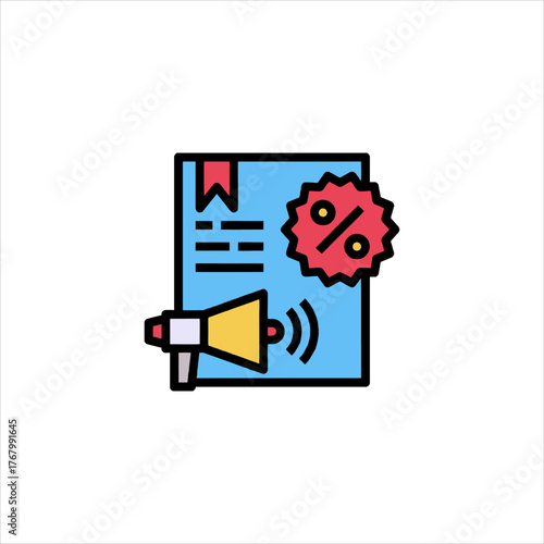 Marketing campaign promotes sale with megaphone and discount symbol on document, emphasizing promotional offers and limitedtime deals.