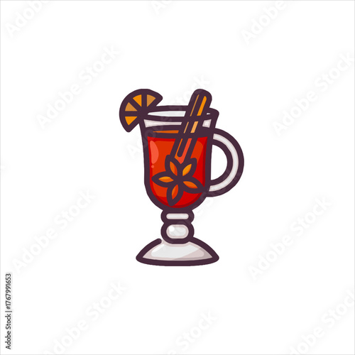 Warm mulled wine sits in a glass with orange slice and cinnamon stick, creating a cozy and festive atmosphere for the holidays.