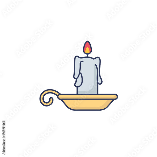 Burning candle sits in golden candlestick on white surface, casting soft light and creating a warm, peaceful ambiance.