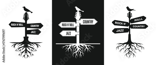 Guitar roots music direction signpost with bird silhouette showing rock roll country jazz genres black and white vector