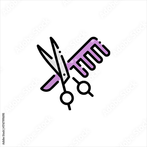 Scissors and comb cutting hair in a salon, representing hairstyling and beauty services with a modern, minimalist aesthetic.
